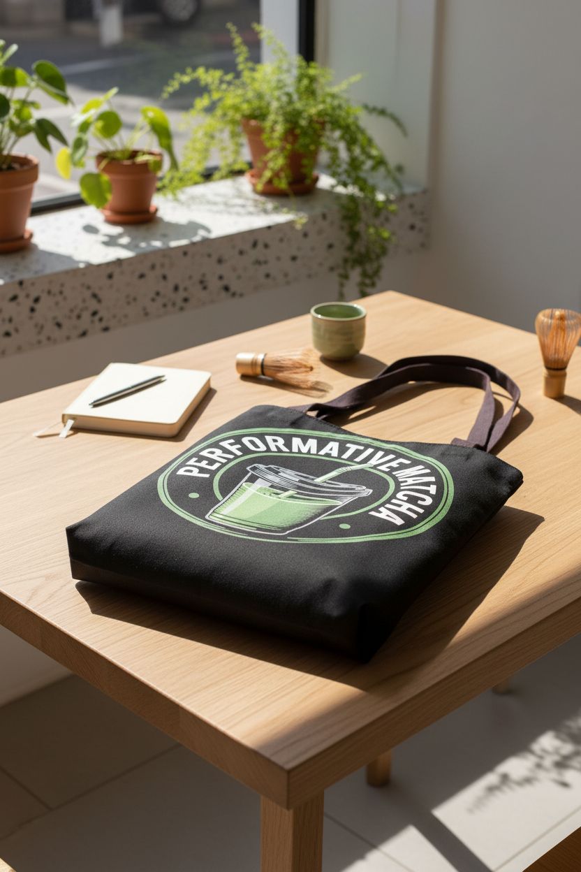 Performative Male tote resting on a table, showcasing minimalist Gen Z aesthetics.