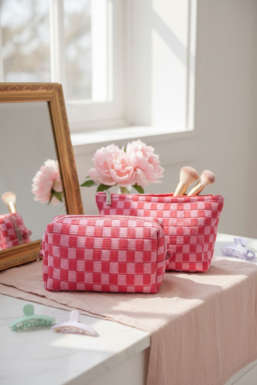 SOIDRAM bags on a marble vanity with peonies, creating a cozy feminine vibe