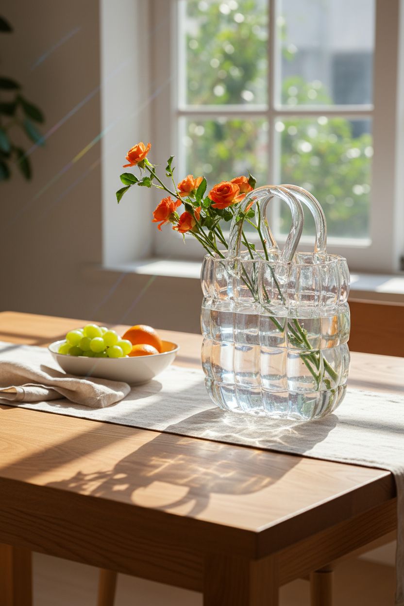 NiHome glass purse vase on a wooden table, enhancing a calm dining nook with soft morning light.