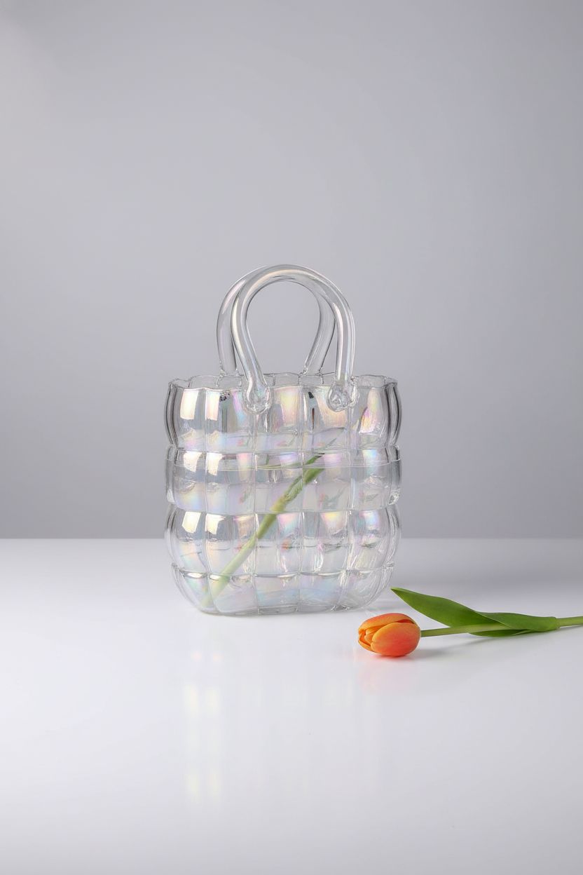 Close-up of NiHome glass purse vase on a studio set, showcasing its clear glass and iridescent finish.