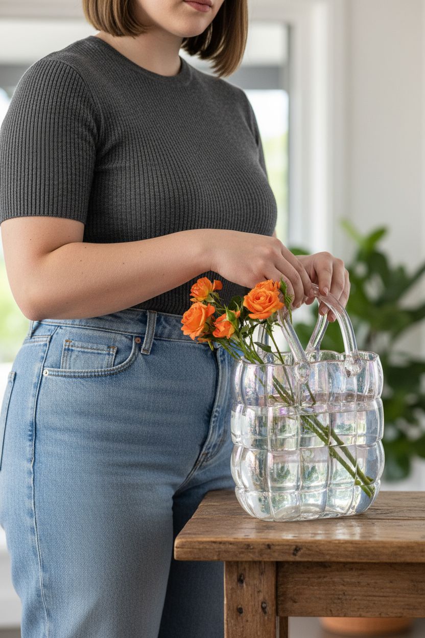 NiHome glass purse vase with handle displayed on an entry console, showcasing iridescent design.