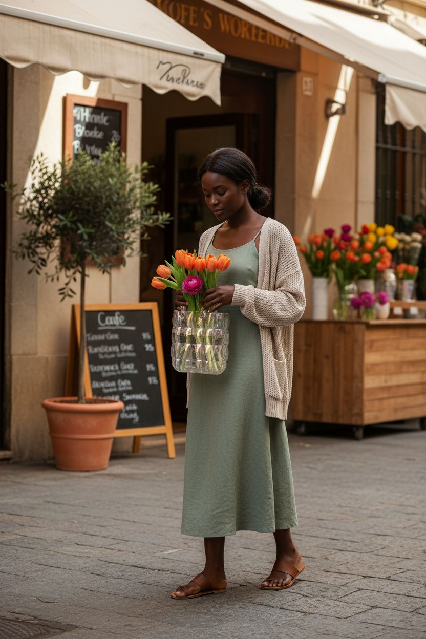 NiHome glass purse vase filled with tulips at a vibrant flower market, highlighting its unique shape.