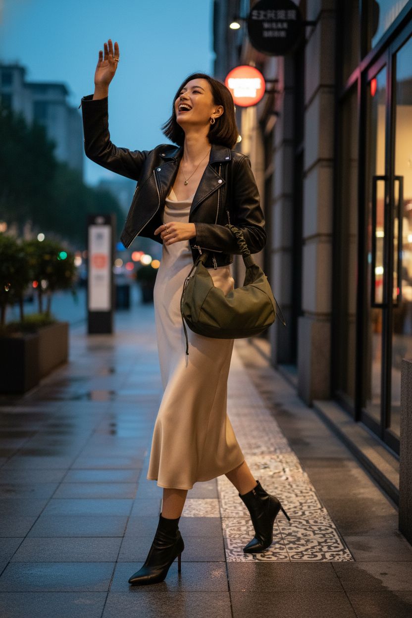 SHENHE dark green nylon crescent bag showcased against neon-lit sidewalk ambiance.