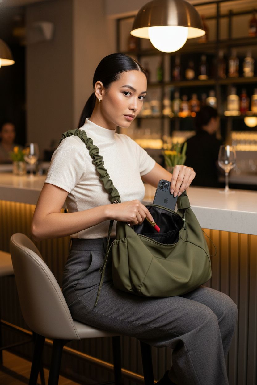 SHENHE women's large capacity crescent bag revealing spacious interior in a modern lounge.