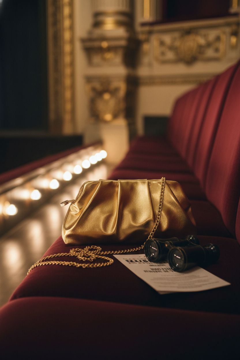 Elegant gold clutch by FanChris placed on plush velvet seat, perfect theater accessory.