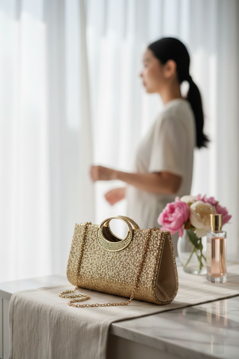 Anytiger gold clutch purse on marble vanity, showcasing elegance and style.