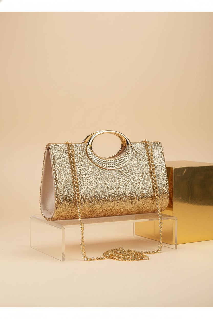 Anytiger gold sequin clutch purse displayed elegantly on acrylic riser.