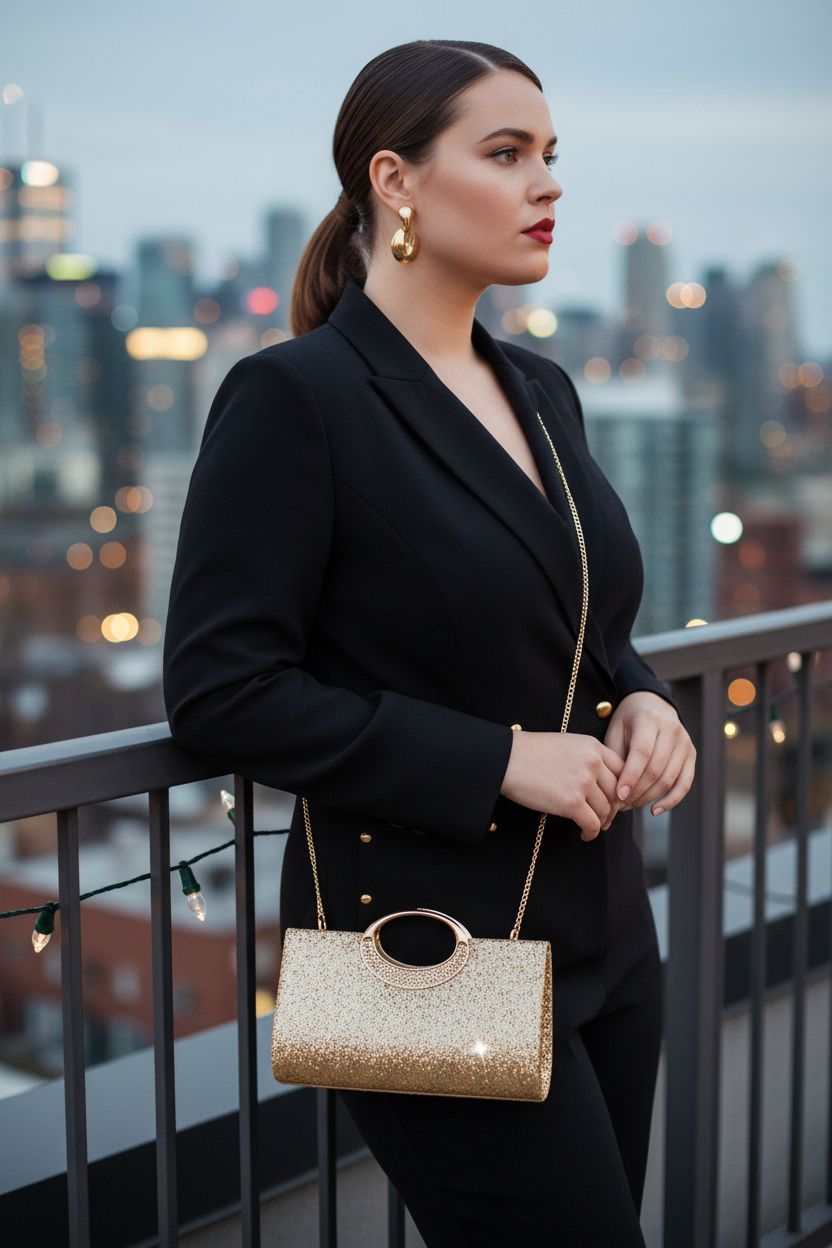 Anytiger gold sequin clutch purse styled with a tuxedo jumpsuit at rooftop bar.