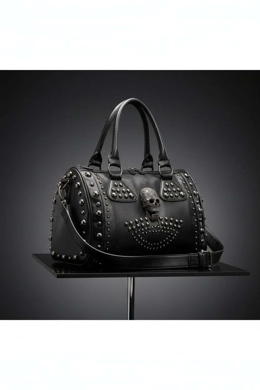 Close-up of AlwaySky gothic skull purse highlighting its studs and adjustable strap.