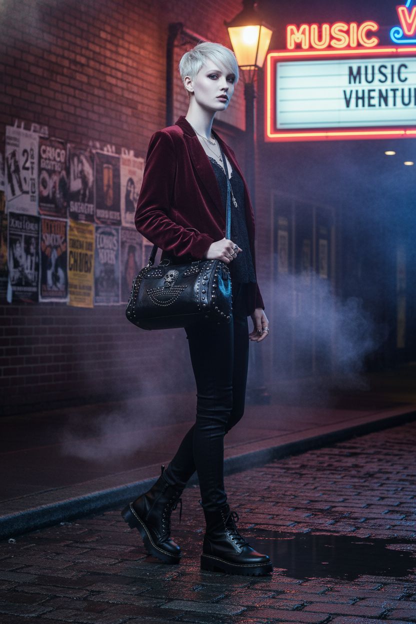 Gothic women skull handbag by AlwaySky, featuring studs in a moody urban setting.