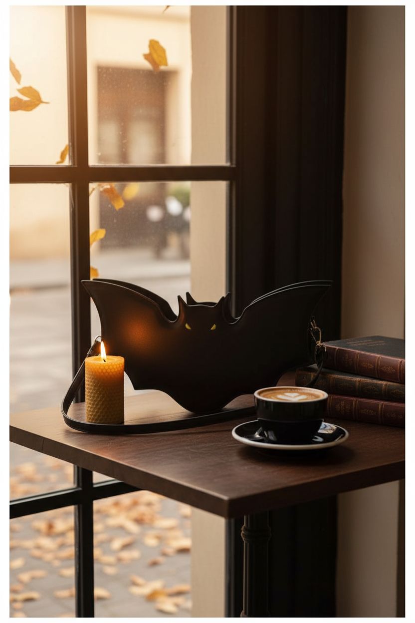 Gothic bat bag resting on a bistro table in a moody café setting by Winatehr.