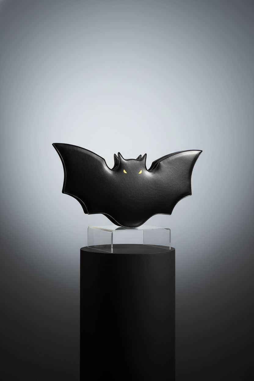 Product shot of Winatehr gothic bat purse on a stylish pedestal with dramatic lighting.