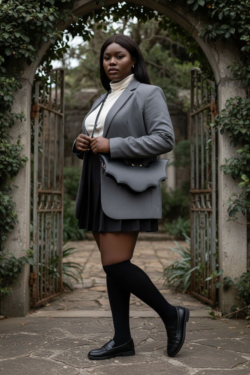 Gothic bat purse by Winatehr against a pewter-gray blazer in a gothic garden setting.