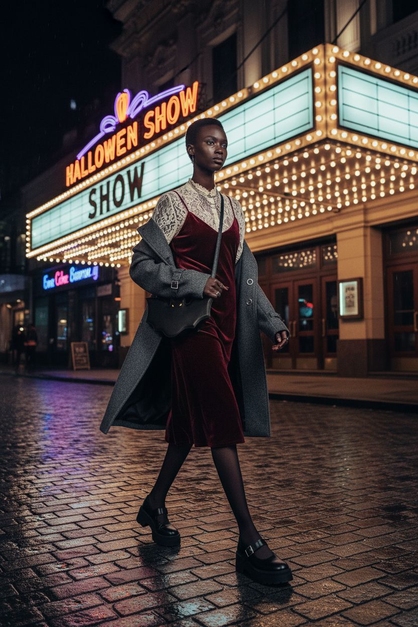 Winatehr gothic bat purse swinging at hip level in a rain-kissed theater setting.