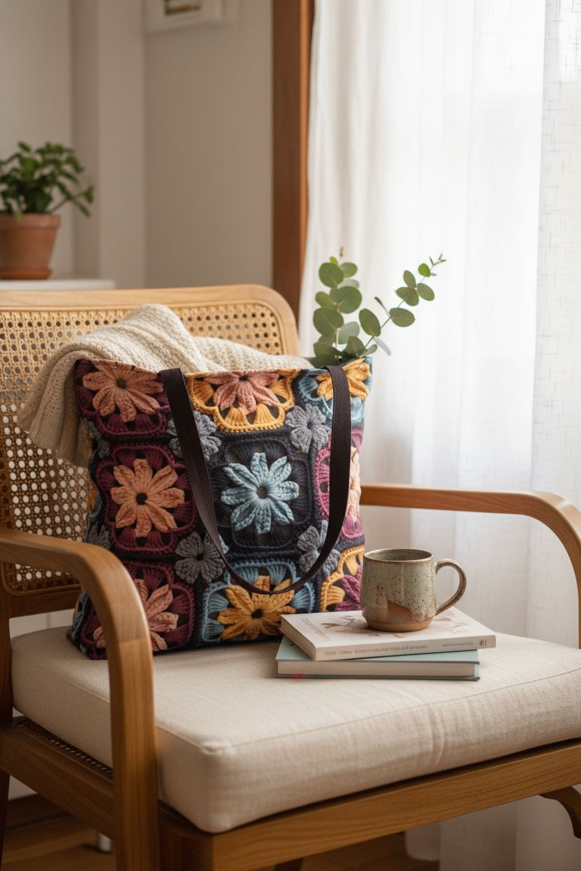 Cozy setting with Cute Vintage Boho Granny Square Tote Bag by The Crochet Pattern Design Shop.