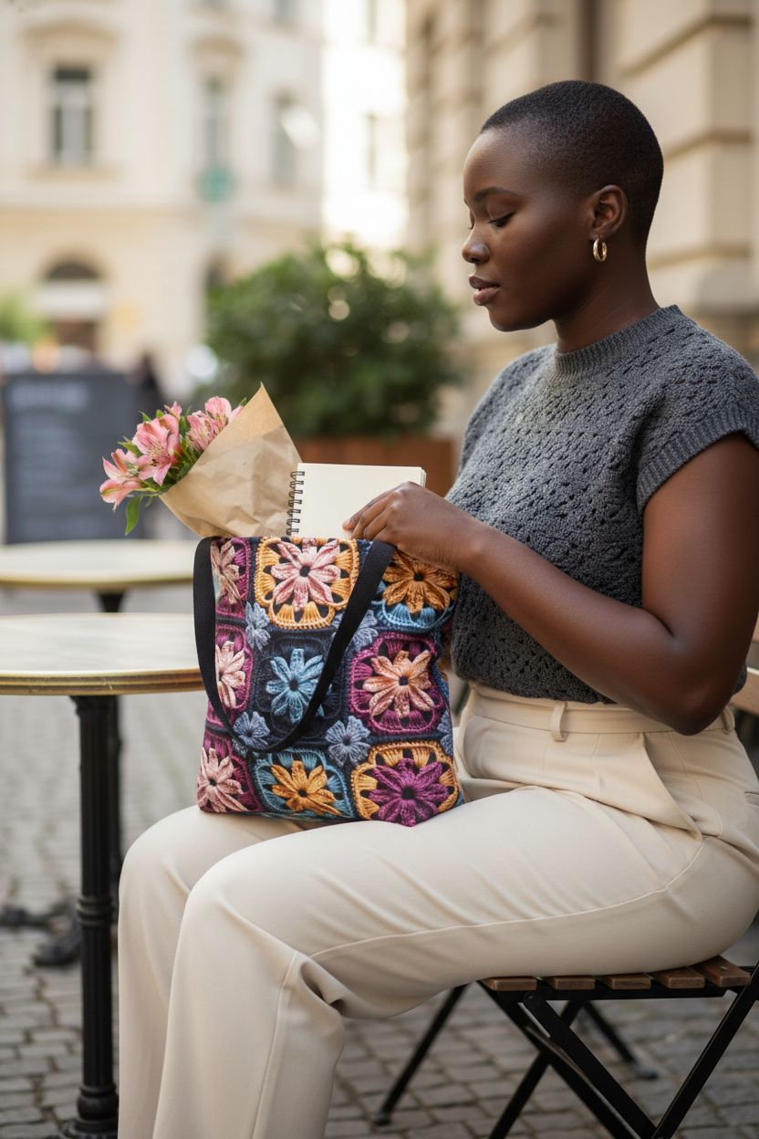 Cute Vintage Boho Granny Square Design Tote Bag by The Crochet Pattern Design Shop on a bistro table.