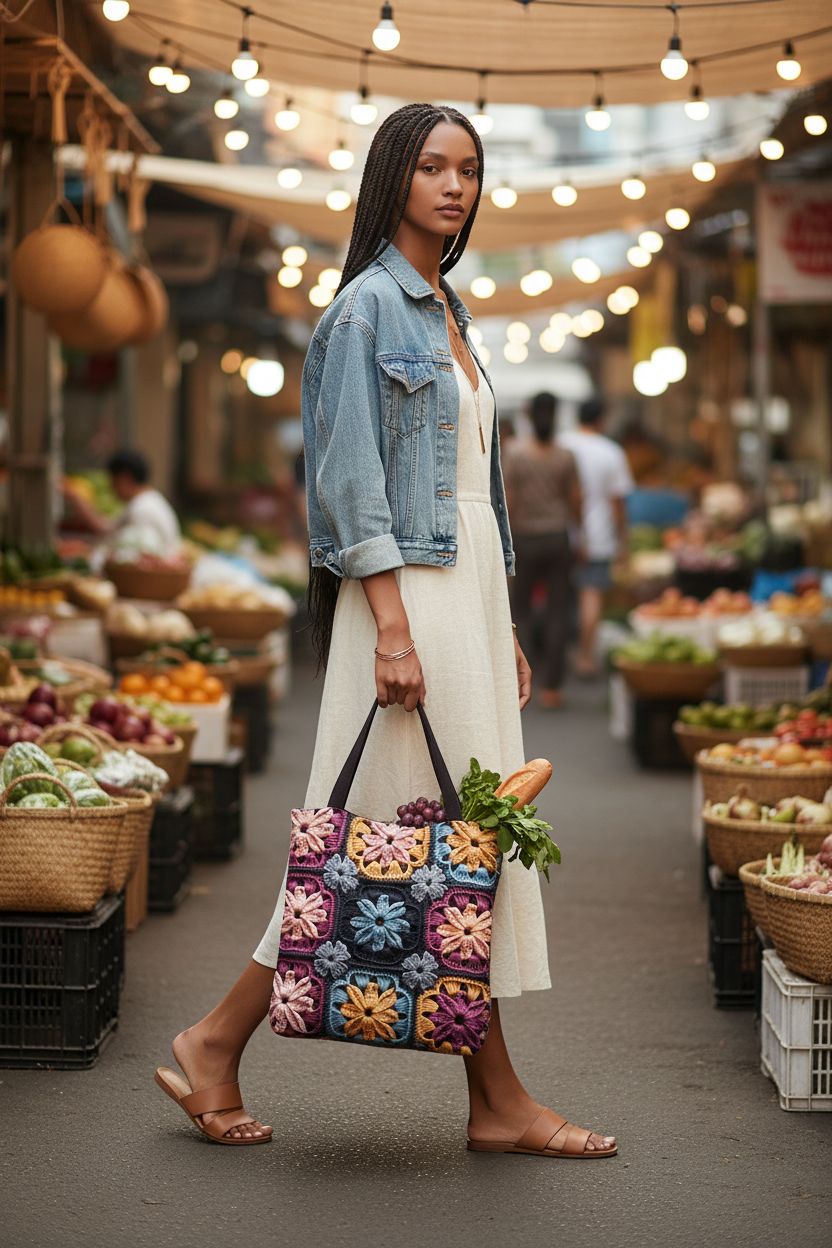 Multicolor granny square tote bag from The Crochet Pattern Design Shop at a vibrant market.