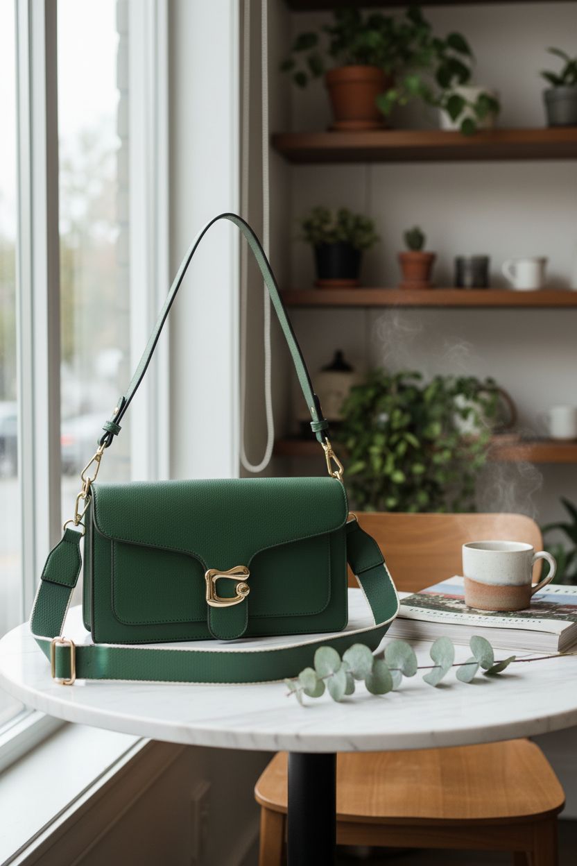 Travistar green crossbody bag on marble table with plants