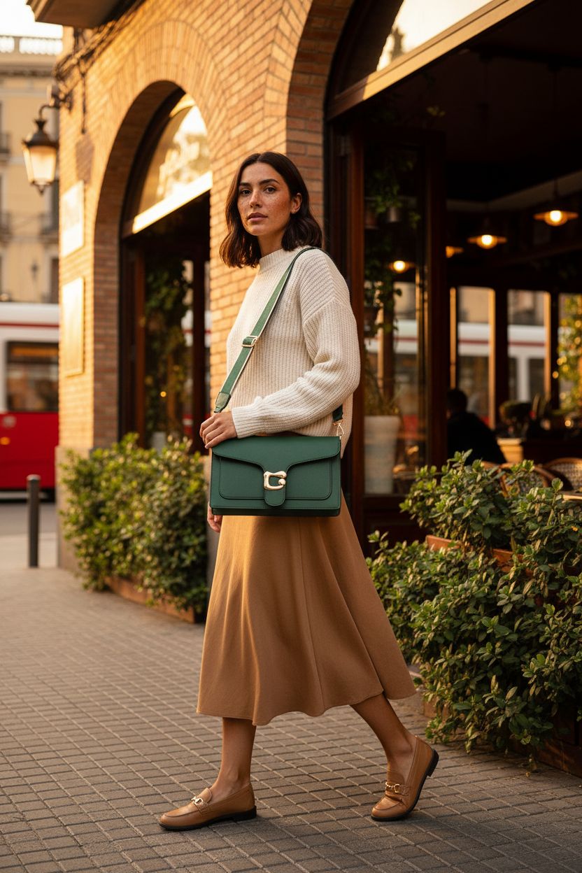 Travistar green crossbody bag on a sidewalk outside a café