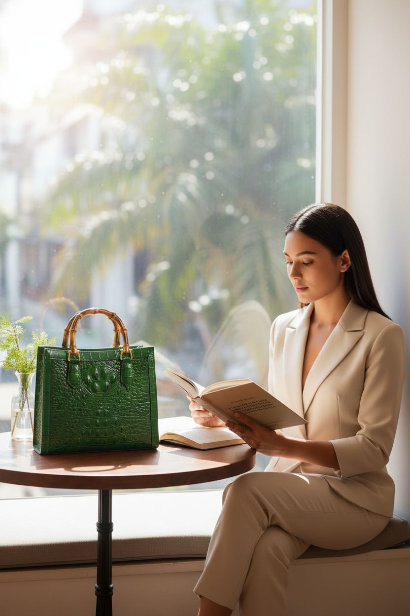 Elegant green leather purse by Shirt Luv resting on a table in a cozy reading nook.