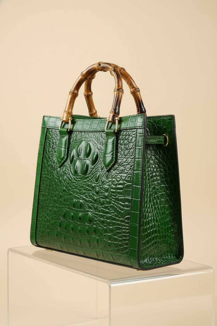 Detailed view of the green crocodile pattern leather purse by Shirt Luv on display.