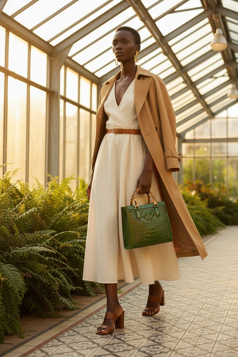 Green crocodile pattern leather purse by Shirt Luv with bamboo handle in a modern greenhouse setting.