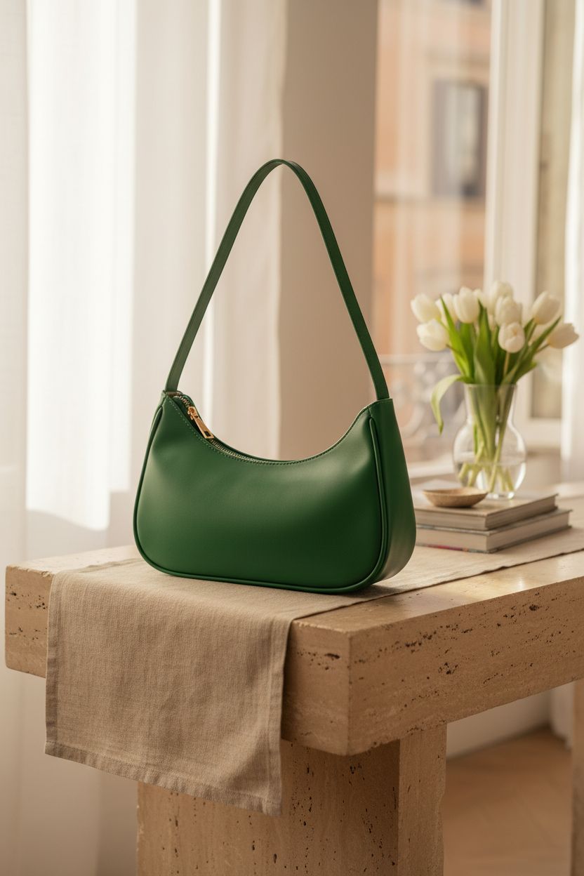 Afashor green hobo purse displayed in a cozy entryway, emphasizing its stylish vegan leather.