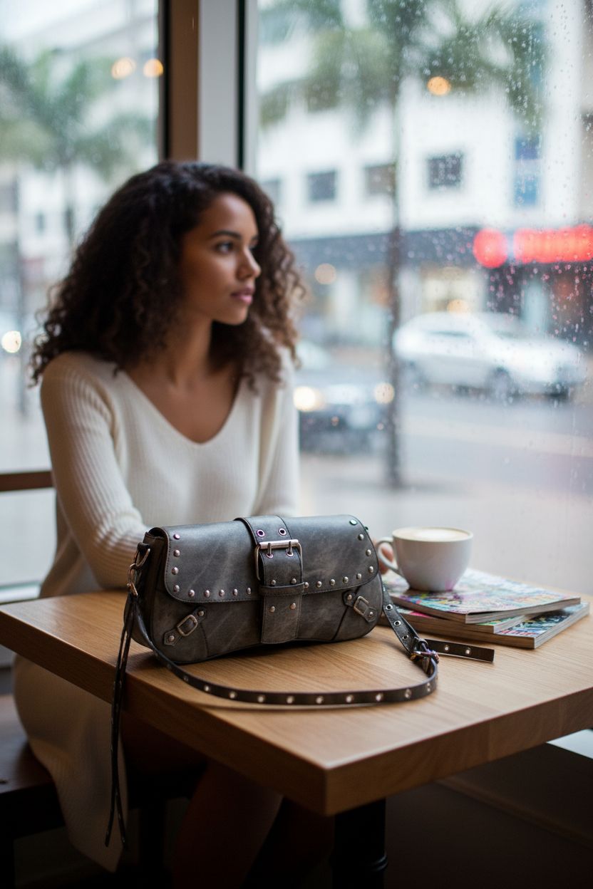 Cozy scene with Verdusa grey bag beside a latte in a café, showcasing trendy design.