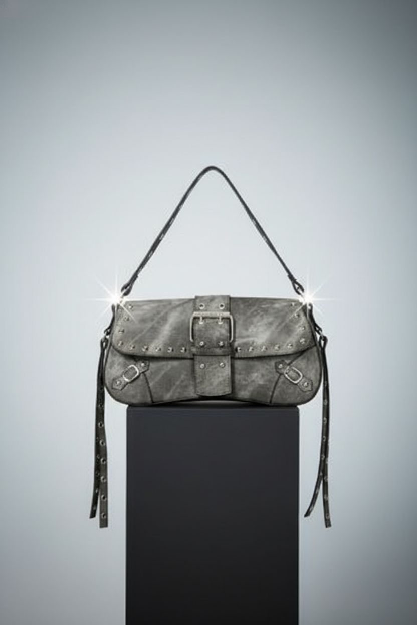Detailed view of Verdusa grey bag highlighting studs and stitching on a minimalist backdrop.
