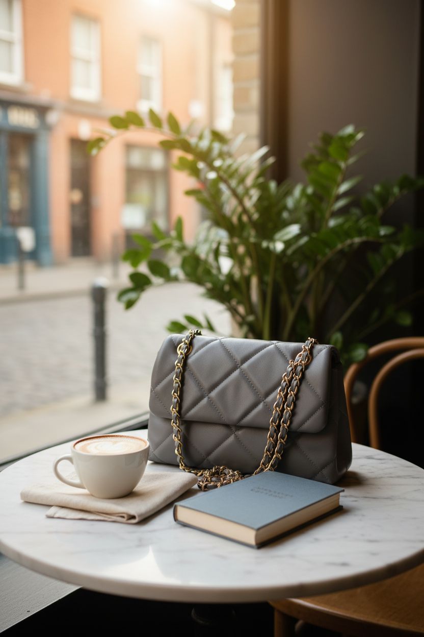 Gladdon grey quilted bag beside a latte, perfect for cozy café moments.