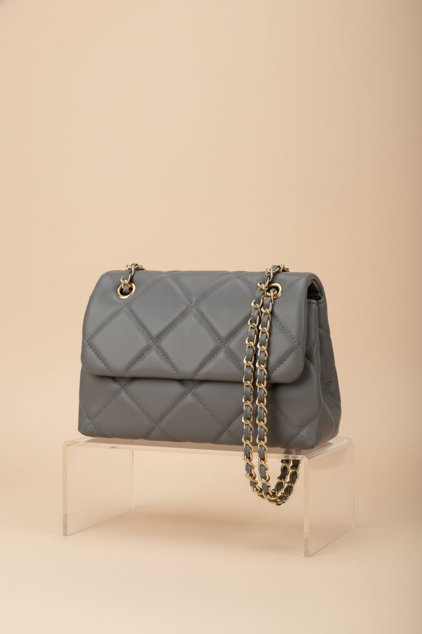 Gladdon grey quilted crossbody purse showcasing its stylish design and chain detail.