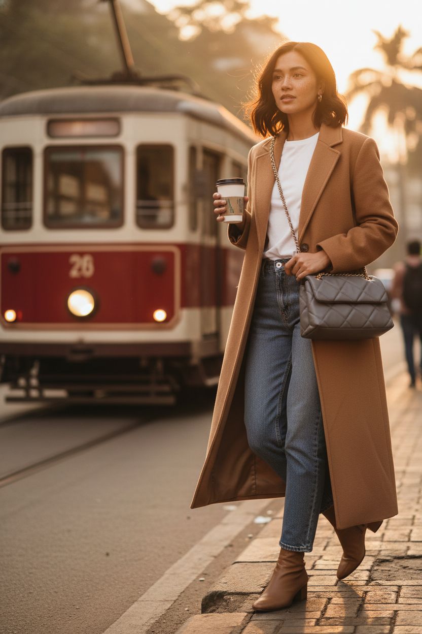 Gladdon grey quilted crossbody purse swinging from a camel coat, perfect for chic outings.