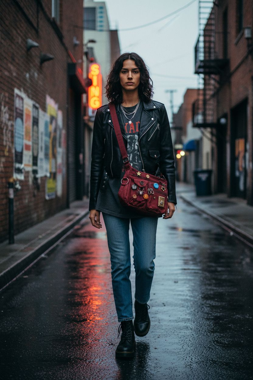 Daiuyvol grunge bag in deep burgundy, ideal for urban adventures, with adjustable strap and multiple pockets