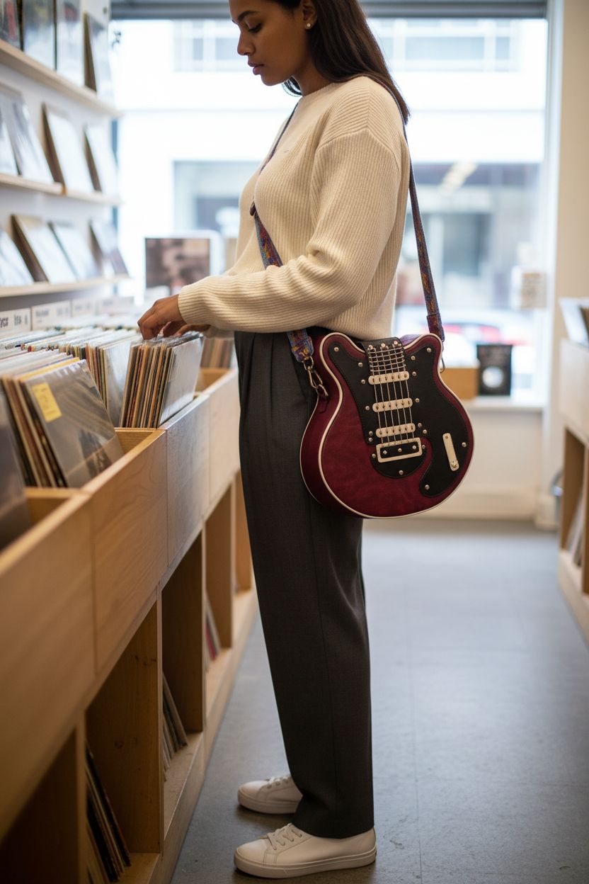 Burgundy and black Nenkarn guitar purse worn crossbody, perfect for vinyl shopping.