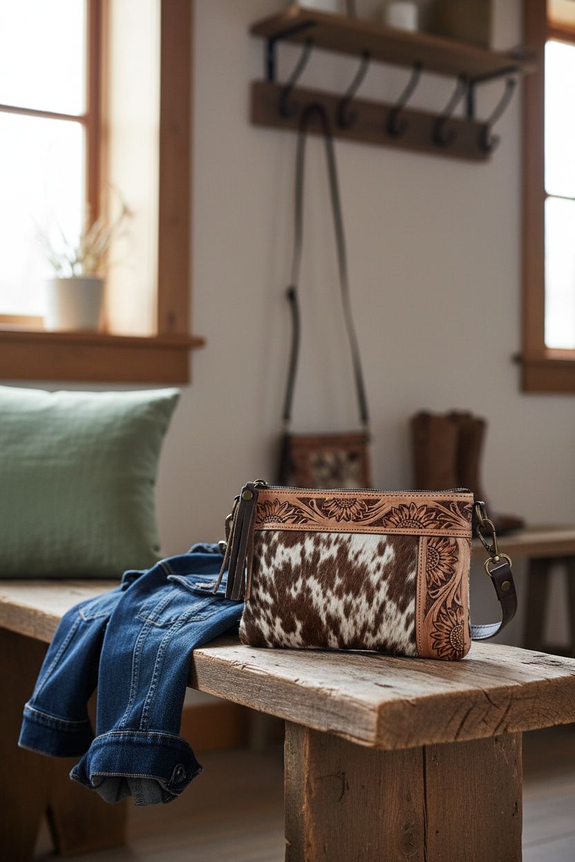Merbaa hair-on hide purse resting on a rustic bench, highlighting its textured beauty and cozy setting.