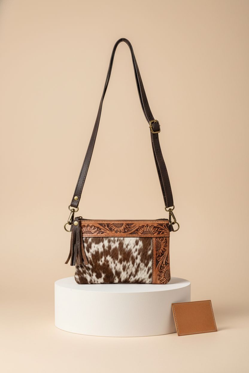 Merbaa hand-tooled leather bag displayed in a studio, showcasing its craftsmanship and adjustable strap.