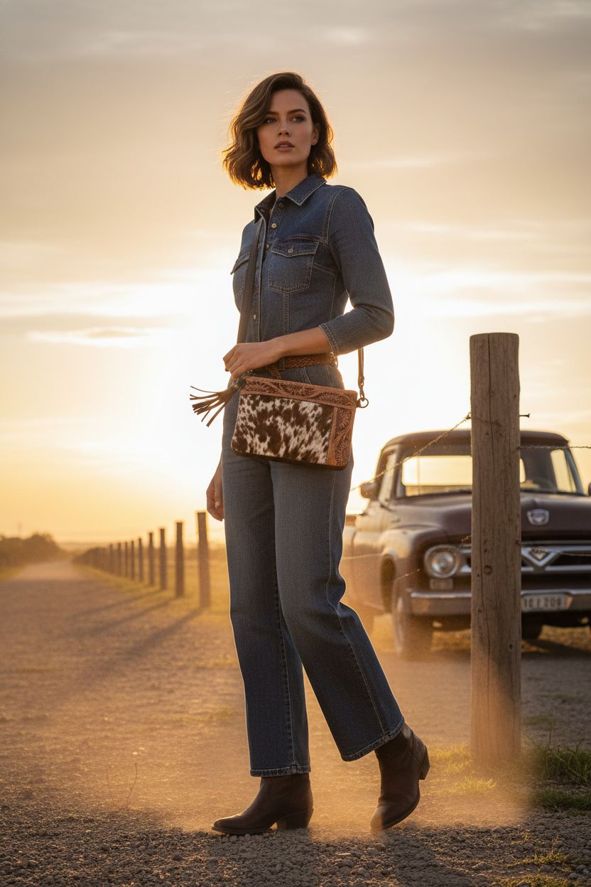 Merbaa crossbody bag made from hair-on hide, elegantly styled against a ranch backdrop.