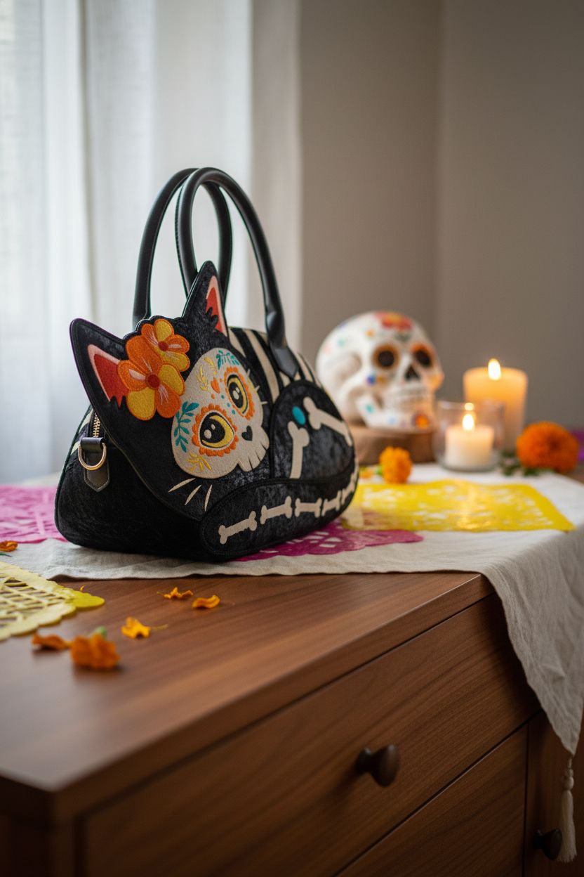 Loungefly Día De Los Muertos crossbody bag surrounded by marigolds and candles.