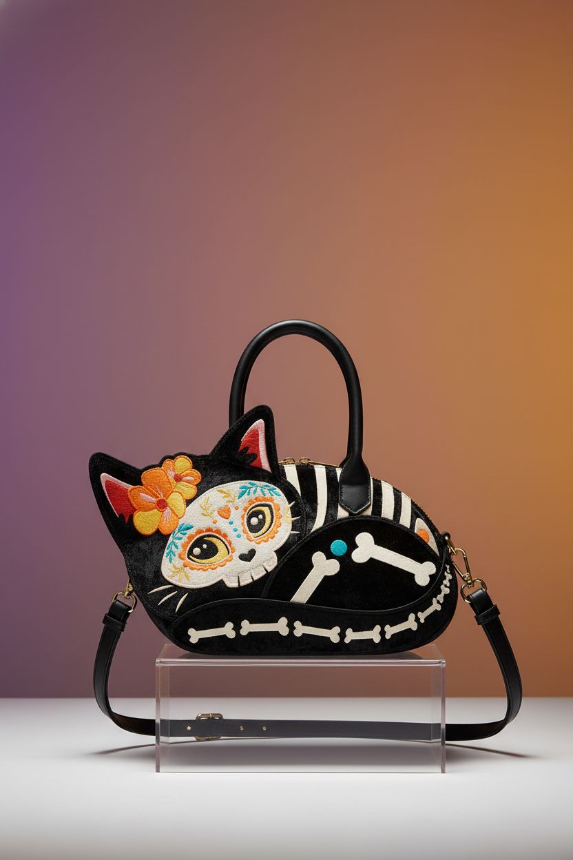 Loungefly Día De Los Muertos crossbody bag on clear acrylic riser against gradient backdrop.