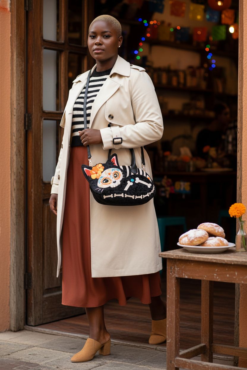 Loungefly Día De Los Muertos crossbody bag displayed outdoors with festive decor.