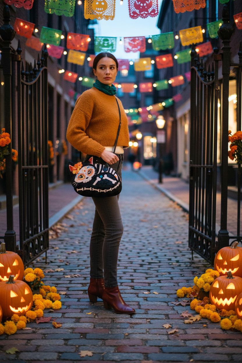 Loungefly Día De Los Muertos crossbody bag showcased in a charming autumn setting.