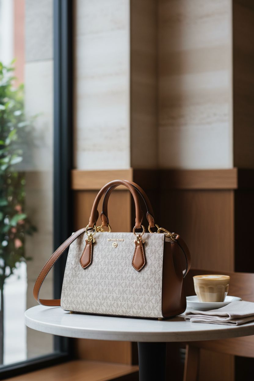 Michael Kors Marilyn Small Crossbody Bag elegantly placed on a table, showcasing its stylish design in a cozy café.