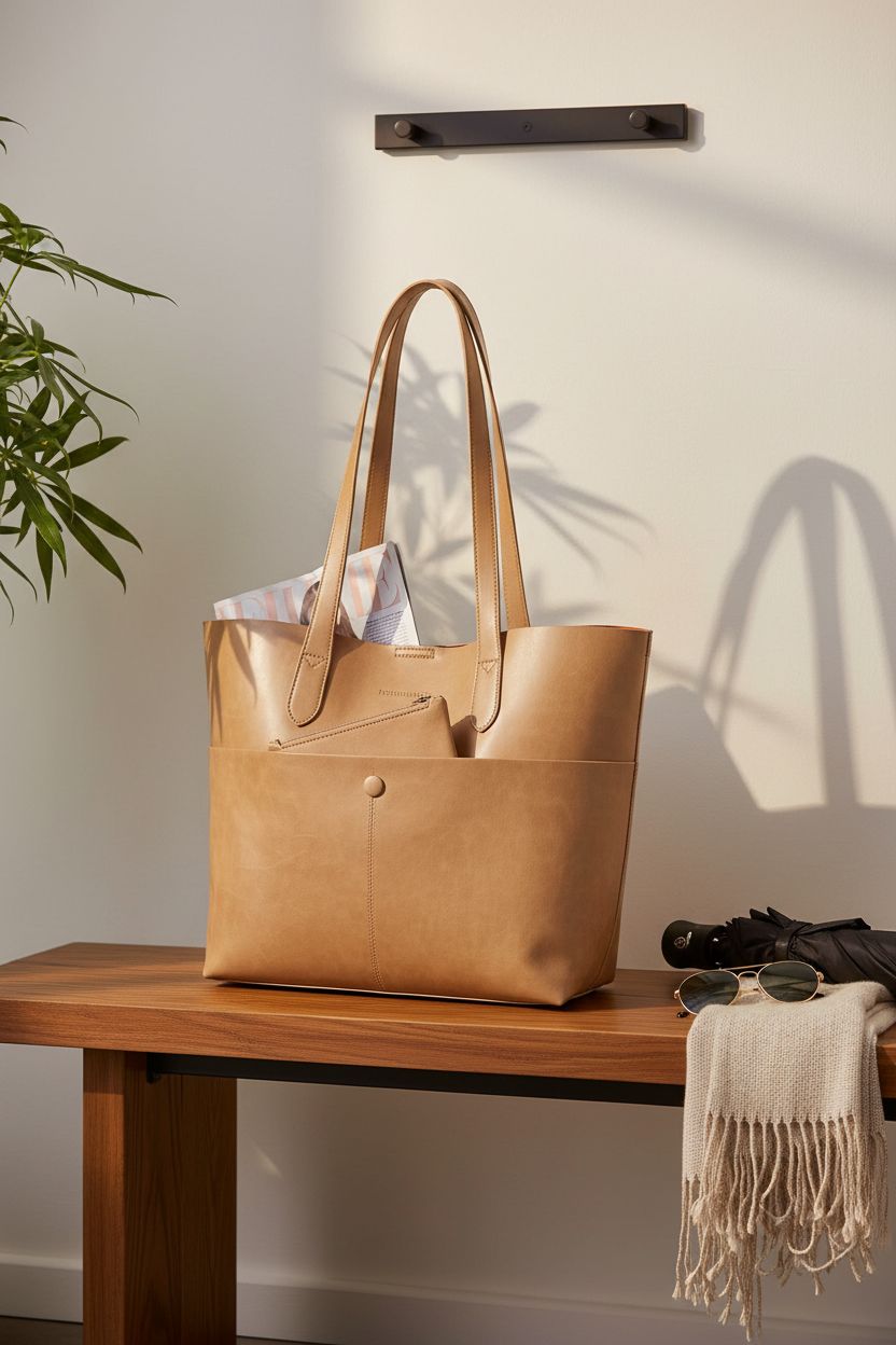 Montana West tote bag on an oak bench, showcasing its elegance and functionality.