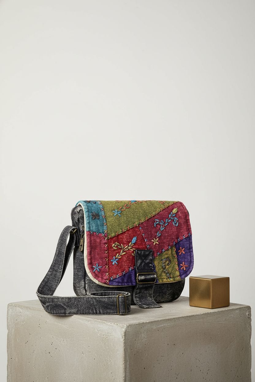 Handmade cotton bag displayed on a stone plinth, detailed view, by KHUSI.