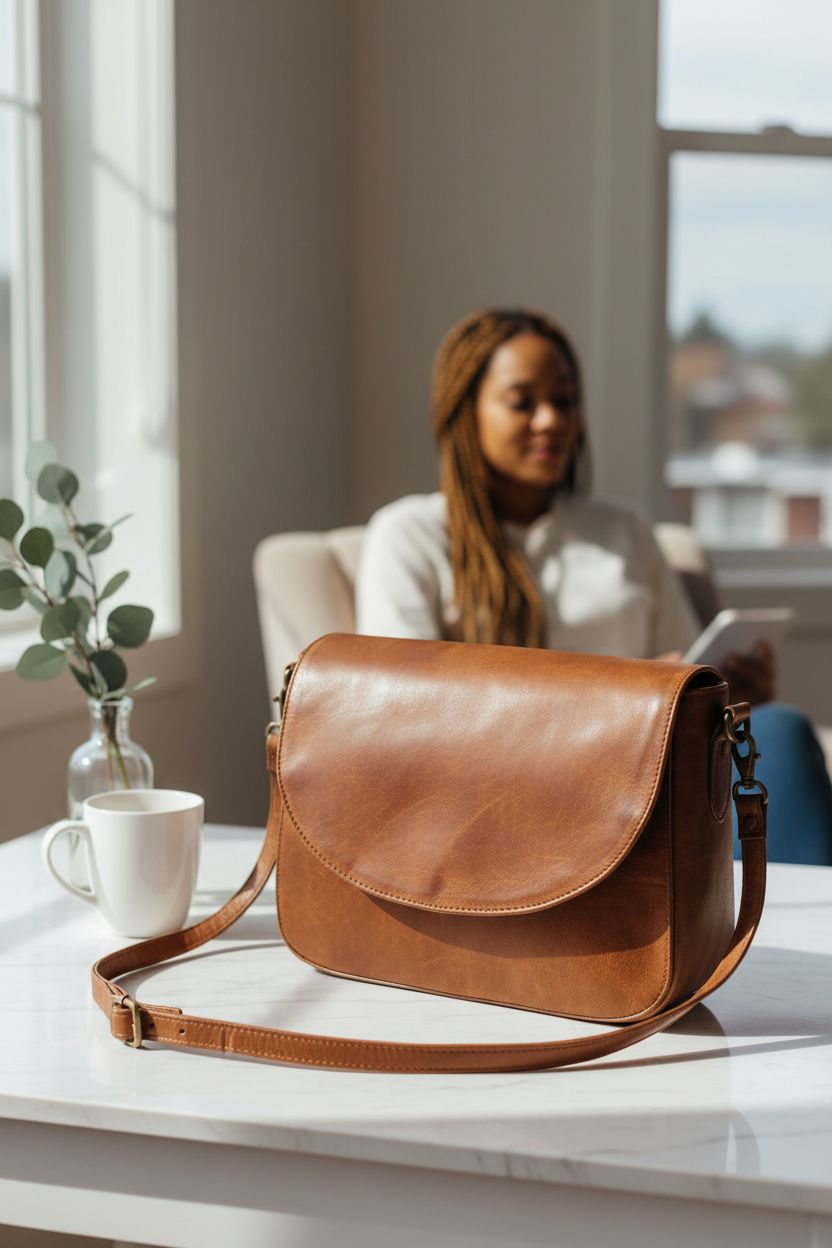 Ozora handmade leather bag resting on a marble table, evoking a serene reading nook atmosphere.
