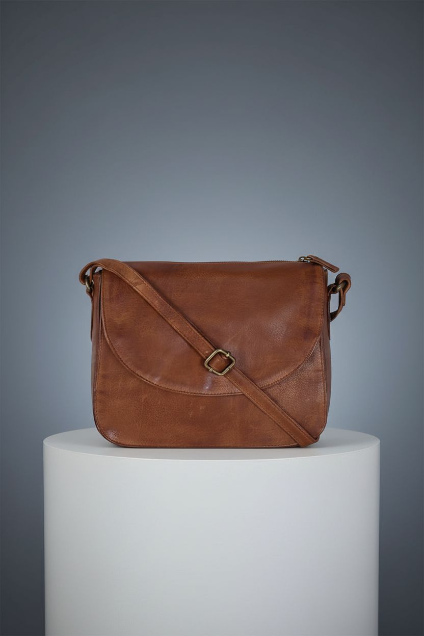 Ozora handmade leather crossover purse displayed in a clean studio, highlighting its quality and design.