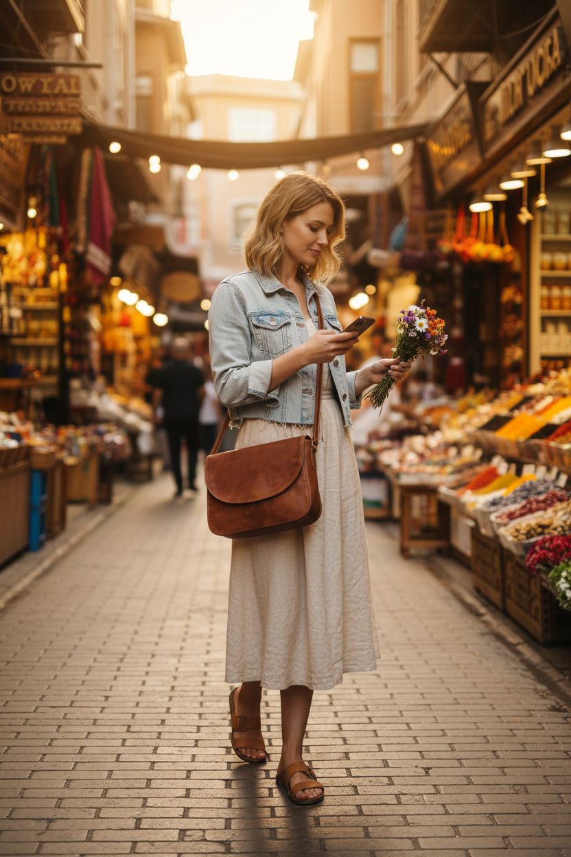 Ozora handmade leather crossover purse in warm brown, worn across the torso, with adjustable strap.