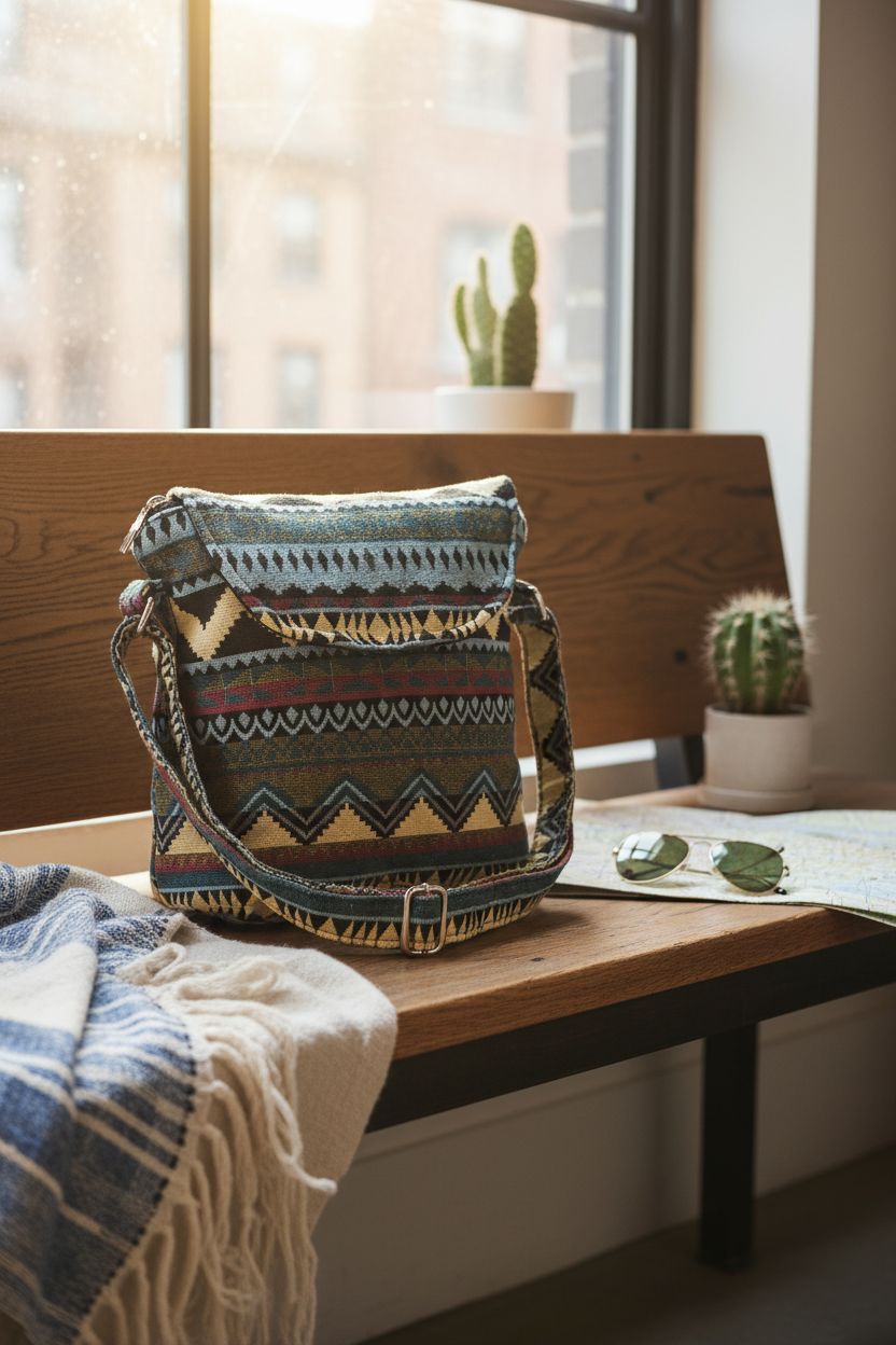 Tramzzd M bag on oak bench with travel essentials, evoking cozy wanderlust vibes.