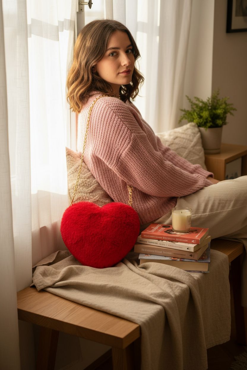 Cozy scene featuring Miayon heart bag on a linen throw with soft natural light