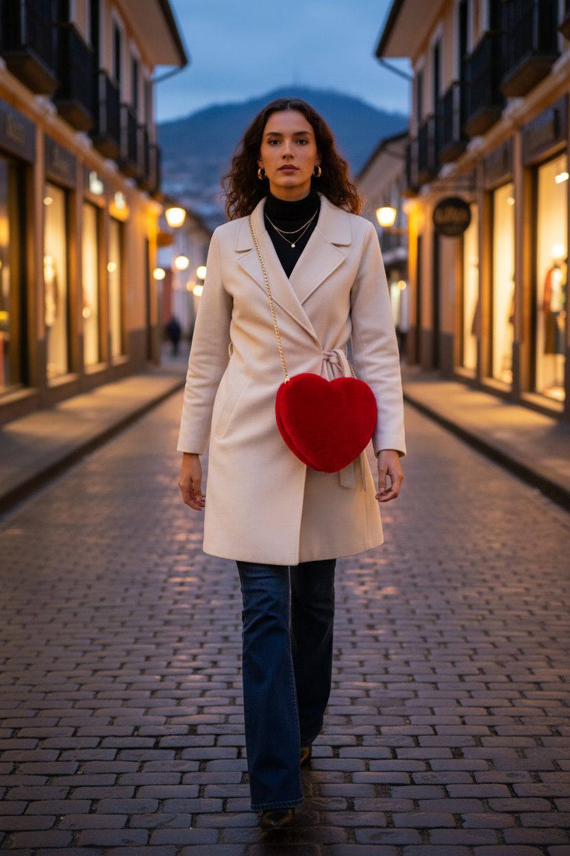 Miayon heart shaped faux fur purse in red, stylishly swinging on a cobblestone street